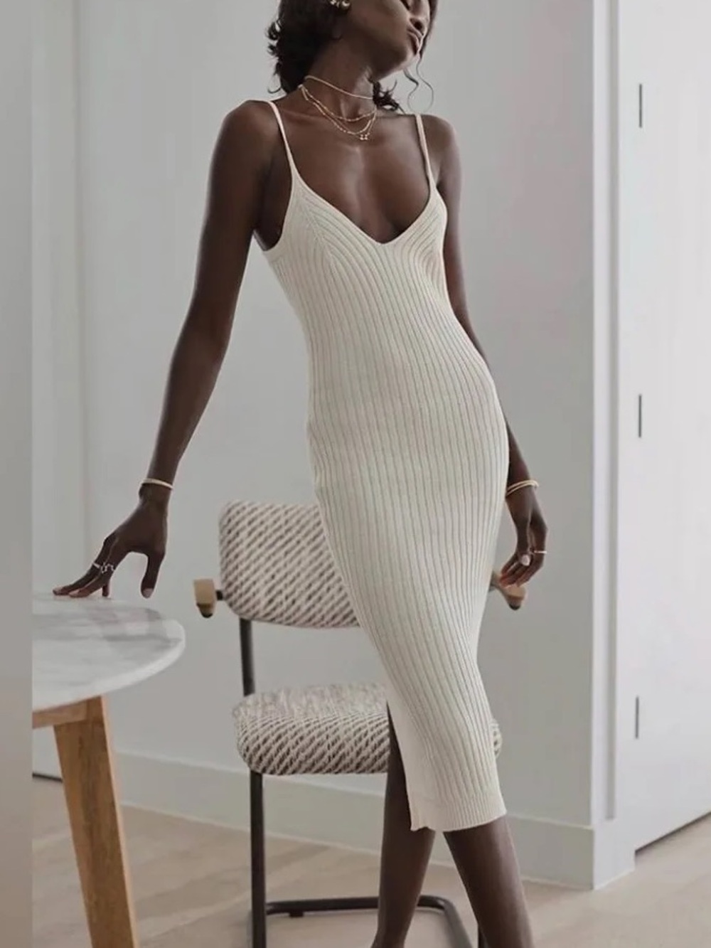 Trois The Label Sims Knit Ribbed Cotton Midi Dress Ivory